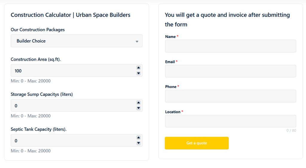 Construction cost calculator by Urbanspace Builders to help plan and budget residential projects efficiently.