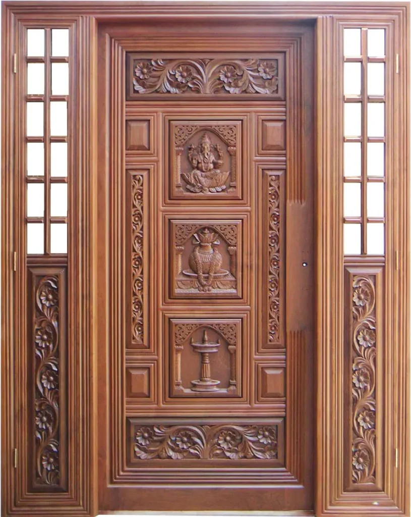Teak wood door design by Urbanspace Builders, offering a luxurious and durable entrance solution for modern homes.